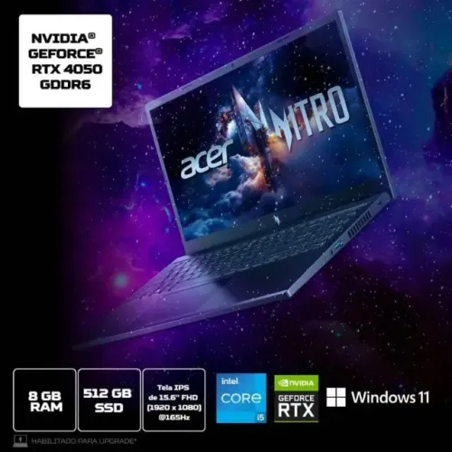 Note Gamer Acer Nitro V15 , Intel Core i5-13420h De 13ªG, 8GB , RTX4050, SSD 512GB,