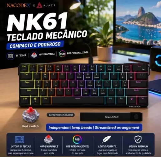 Teclado Mecânico Gamer 60% Compacto Ajazz Hot Swap Rgb Preto Setup