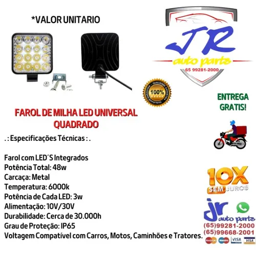 Farol De Milha Led Quadrado Universal