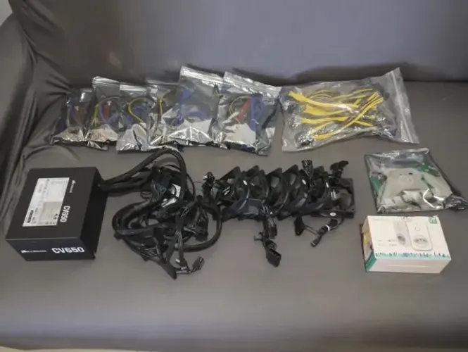 Kit fonte Corsair 650w, riser, cabos, ventoinhas, PCIe 1 a 6 e smartplug