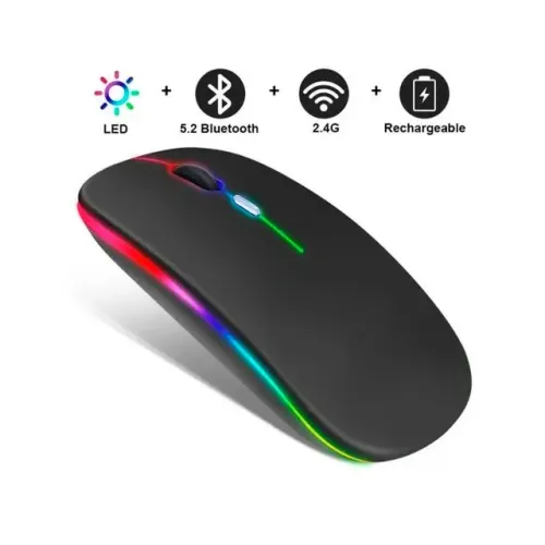 Mouse Sem Fio Bluetooth Silencioso RGB 2.4Ghz Recarregável