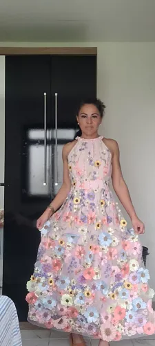 Vestido de festa florido flores coloridas tom pastel