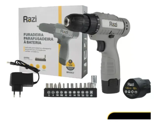 Furadeira Parafusadeira Bateria 12v Razi Bivolt Cor Cinza