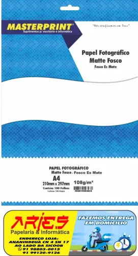PAPEL FOTO MATTE FOSCO MASTERPRINT A4 100 FOLHAS 108G