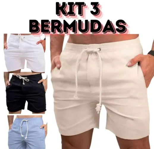 Kit com 3 Shorts Masculinos em Linho Premium Novos