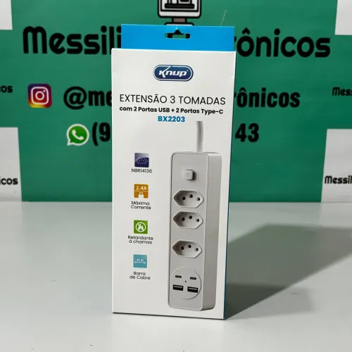 Extensão 3 tomadas com 2 portas USB + 2 portas Tipo- c