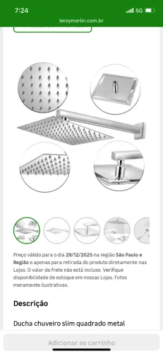  Ducha Chuveiro Quadrado Slim 20x20 com braço solar e gás - Westing