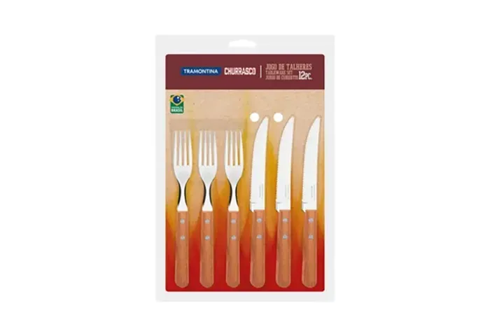 Faqueiro Tramontina Aço Inox Com Cabo Madeira -12pcs  Para o churrasco ficar mais saboroso