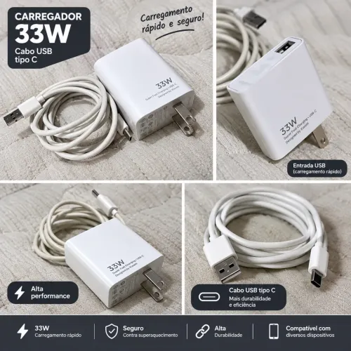 Carregador 33W USB-C + Cabo Tipo C - Carregamento Rápido
