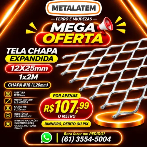 TELA CHAPA EXPANDIDA 12X25MM 1X2 METROS CHAPA 18 (1,20MM)