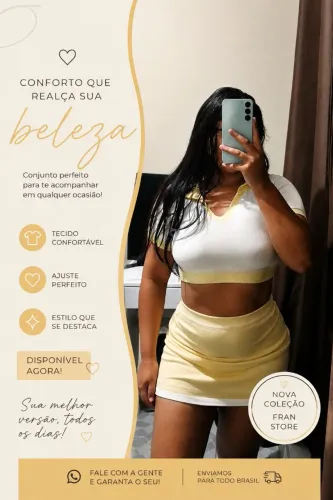 Conjunto Feminino Saia Suplex Premium Blusa Cropped Gola Polo