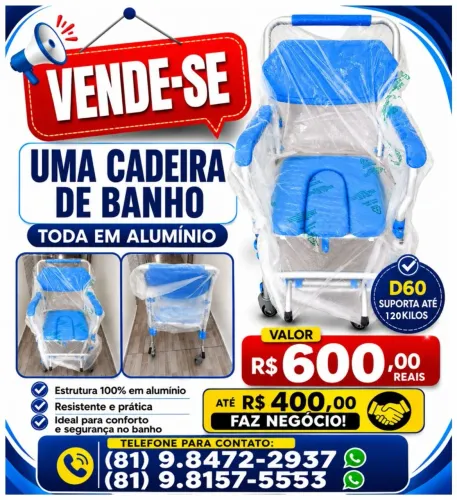 Vende se uma cadeira de banho toda de alumínio suporta 120kilos no valor de R$ 600,00