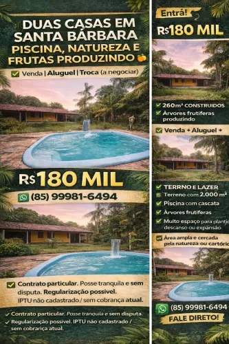 2 Casas em Santa Bárbara - Piscina, Natureza, Terreno 2.000m² - Aceito Carro