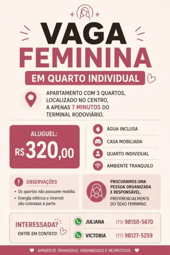 Vaga feminina em apartamento