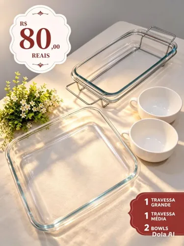 ?Conjunto Elegante de Travessas de Vidro com Suporte + 2 BOWLS PARA sopa ?