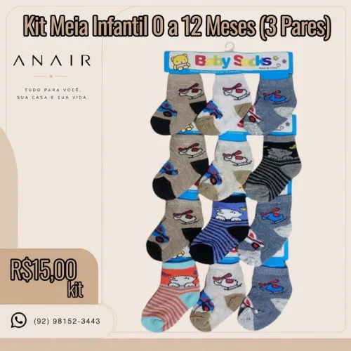Kit Meia Infantil 0 a 12 Meses (3 Pares)