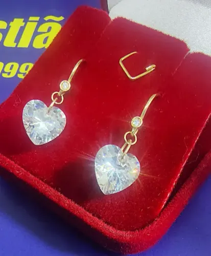 Par Brincos 2 Pedras de Diamantes 1 mm Coração Zircônia 10 mm Ouro 18 Kilates 
