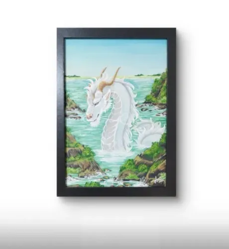 Quadro pintura em MDF - Dragão das águas 30x21cm com moldura