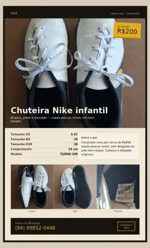 Chuteira Nike preto,branco e dourado