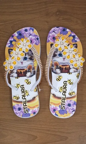 Chinelo Feminino Bordado Decorado Gatinho