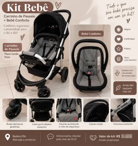 KIT Carrinho de Bebê Pierre Cardin + Bebê Conforto - Completo