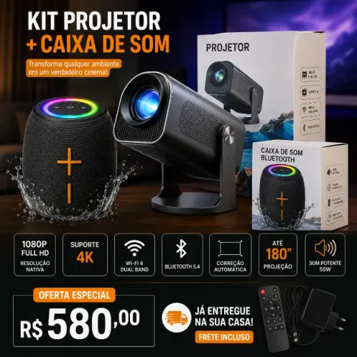 Kit Projetor Inteligente Full HD + Caixa de Som Bluetooth 50W | Cinema em Casa