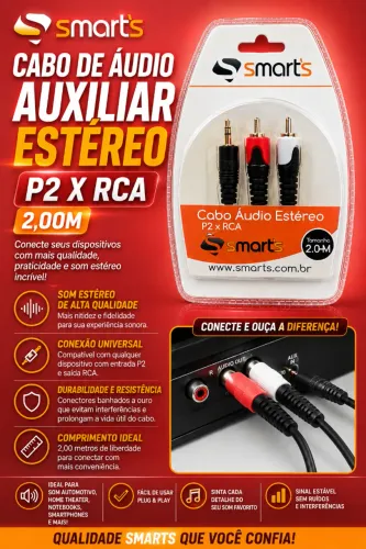 Cabo De Áudio Auxiliar Estéreo P2 X RCA 2,00M Smarts (NOVO/LACRADO!)