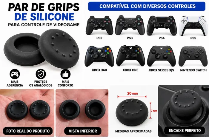 Par de Grip de Silicone para Controle PS2 PS3 PS4 PS5 Xbox Nintendo Switch