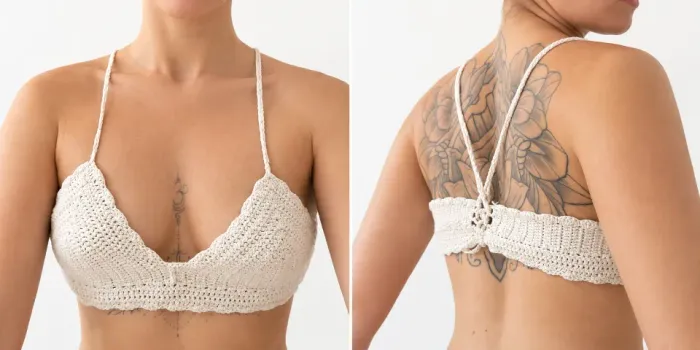 Top branco de crochê trançado nas costas e com alça fina