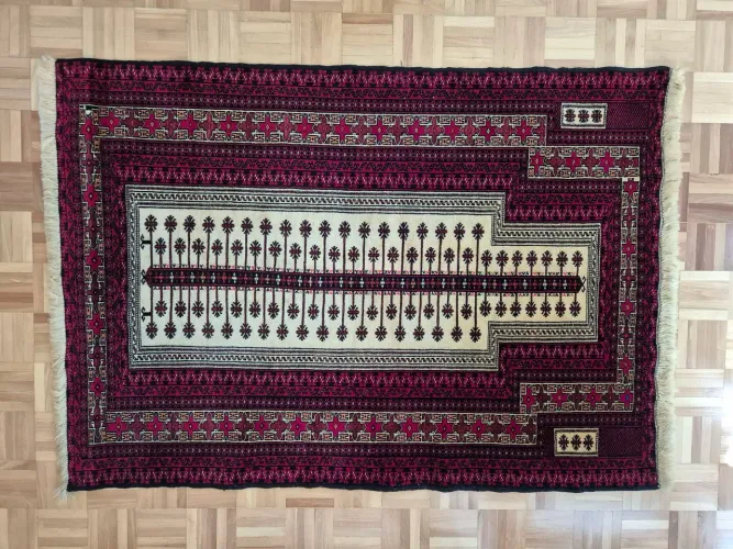 tapete persa original, modelo de oração 1,50 x 1 m vermelho escuro e palha