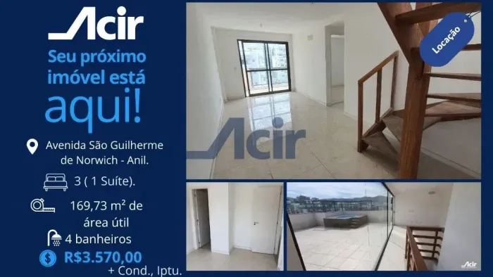 Cobertura com 3 quartos para alugar, 169 m² por R$4.200,00/mês - Anil - Rio de Janeiro/RJ
