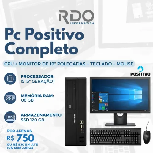 PC Positivo I5 3A 08GB SSD 120GB com Monitor e KIT Teclado + Mouse