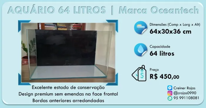 Aquário 64 Litros Oceantech (Rimless com Cantos Arredondados) - Ótimo Estado.!