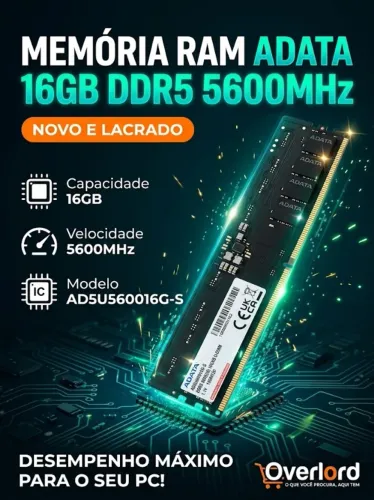 Memória DDR5 Adata, 16GB, 5600MHz, AD5U560016G-S (NOVA)