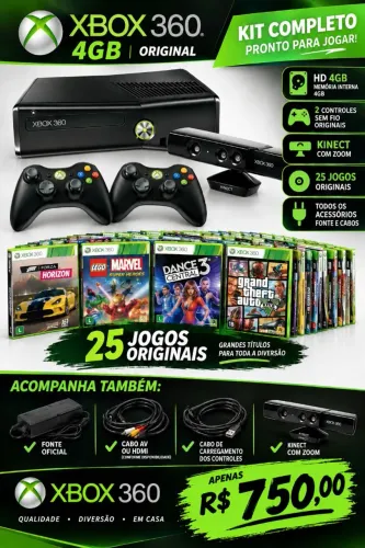XBOX 360 4GB+ 2 CONTROLES ORIGINAIS S/ FIO +KINECT C/ ZOOM+25 JOGOS ORIGINAIS