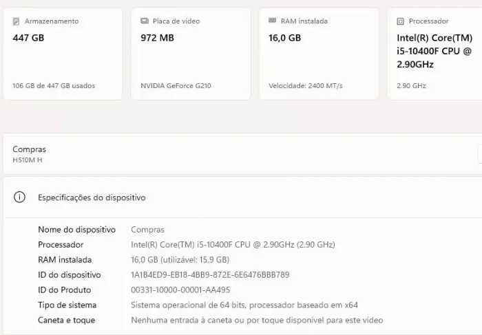PC Core i5 10a geração com 16gb RAM, fonte real, NVidia gforce g210