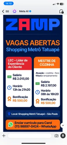 Vaga emprego atendimento e cozinha