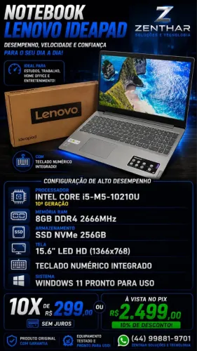 Lenovo IdeaPad | Intel Core i5 10ª Geração | 8GB RAM | SSD NVMe 256GB | Windows 11