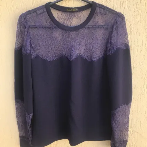 Blusa Manga Longa Azul Marinho Em Renda Da Renata Penna