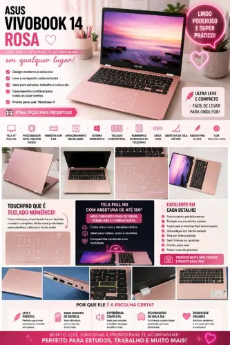  NOTEBOOK ASUS VIVOBOOK 14 ROSA - IMPECÁVEL | FULL HD | WINDOWS