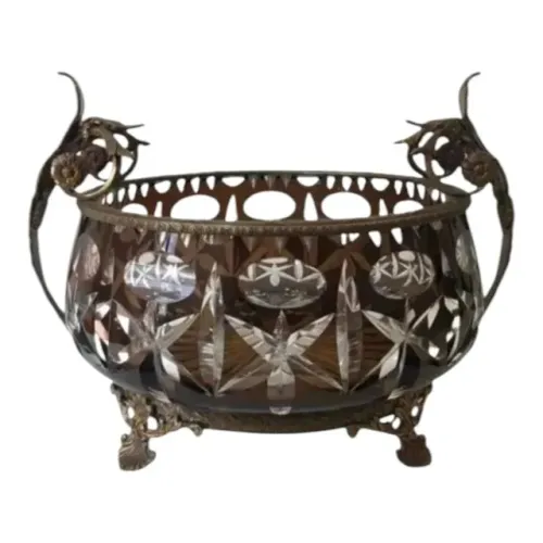 Bowl Double Cristal Bohemia Guarnição Bronze Início Séc Xx