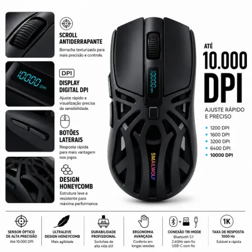 Mouse Gamer SMAILWOLF RS8 Sem Fio Bluetooth 2.4GHz USB 3 Modos PAW3311 RGB Recarregável