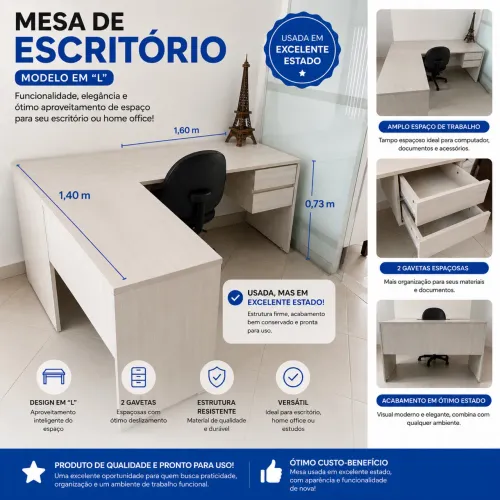 Mesa de Escritório em L 1,40x1,60m 2 Gavetas - Excelente Estado