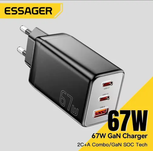 Carregador Rápido 67W GaN Essager - 2 Saídas USB-C + 1 USB-A