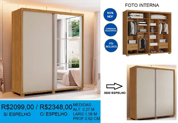 Guarda roupa solteiro portas de correr super reforçado - a pronta entrega