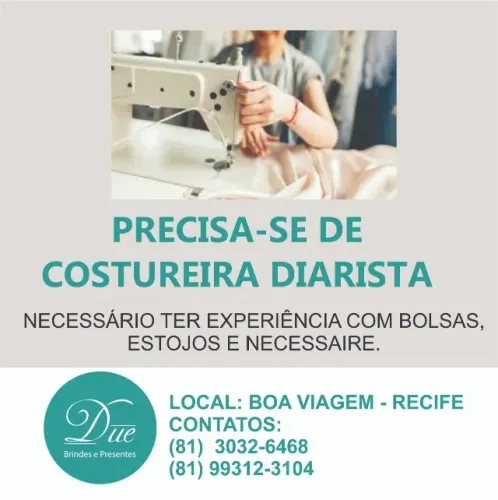 Vaga de Costureira de bolsas, sacolas e necessaire de lona ou nylon.