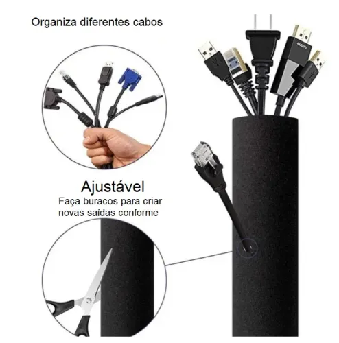 Organizador de cabo e fios flexível com zíper 50cm