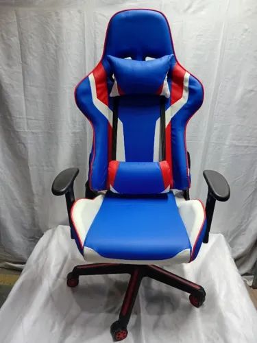 Cadeira Gamer em Couro PU Reclinável Azul com Detalhes Vermelho e Branco