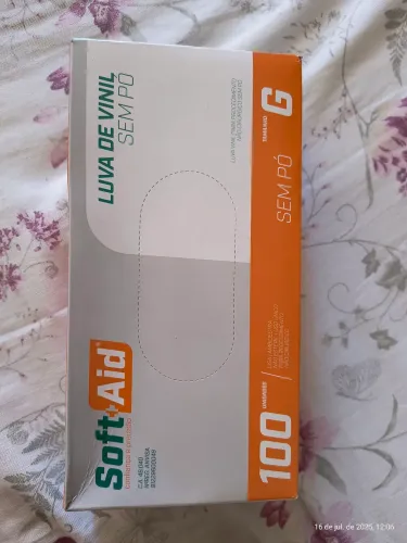 Luva de Vinil Soft Aid - Sem Pó - Tamanho G - 100 Unidades