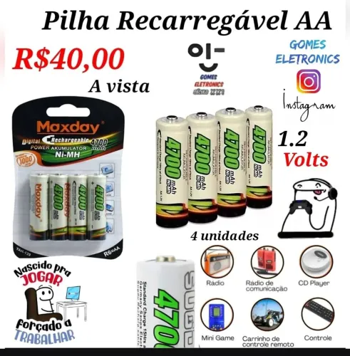 Pilhas Recarregáveis AA 4700 mAh - Pacote com 4 unidades